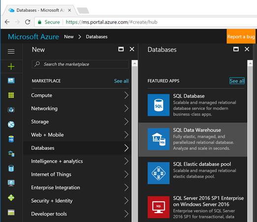 Create an Azure SQL Data Warehouse database – option 1