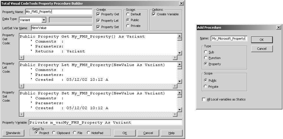 FMS New Property Builder verses the Microsoft Access Add Procedure dialog box