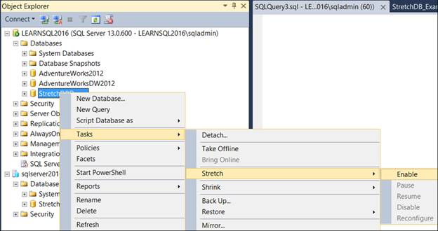 Enabling Stretch Database feature for the database