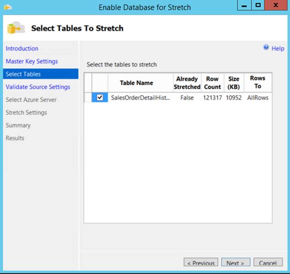 Selecting tables to stretch