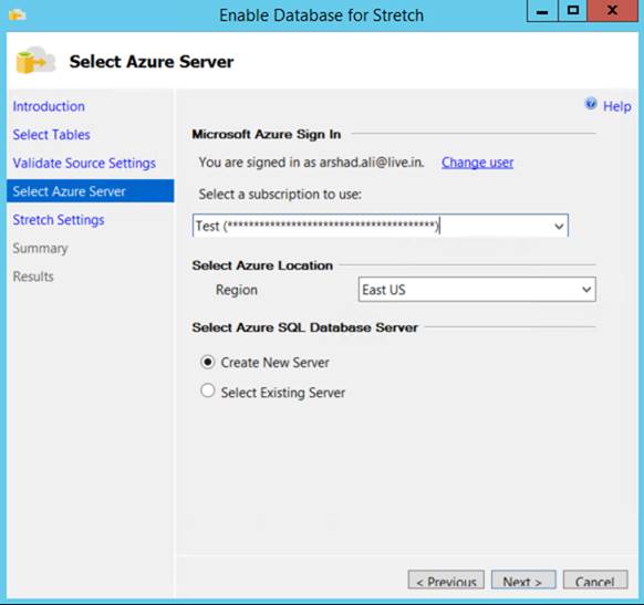 Selecting Azure Subscription, Region and Server