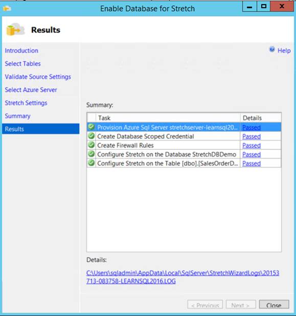 Execution result of enabling stretch for the database and tables