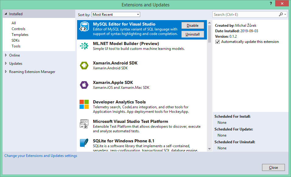 Database Tools and Extensions for Visual Studio 2019