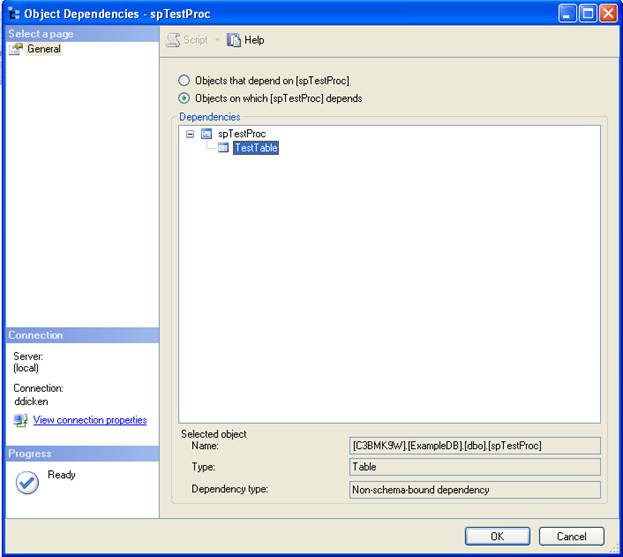 the stored procedure, spTestProc, has a dependency on the table TestTable