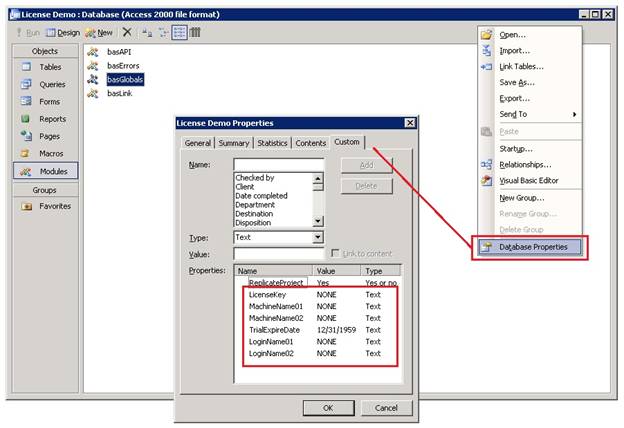 The Access properties window