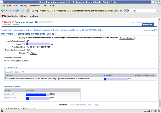 Viewing a Database ADDM Finding Results