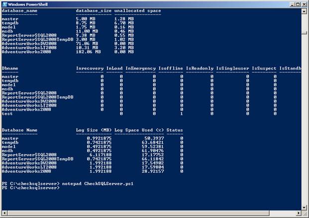 results of executing CheckSQLServer.ps1, by passing 