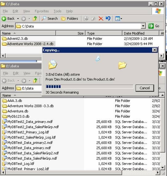 move the C:\Data\Adventure Works 2008 -2.4.db folder to E:\Data